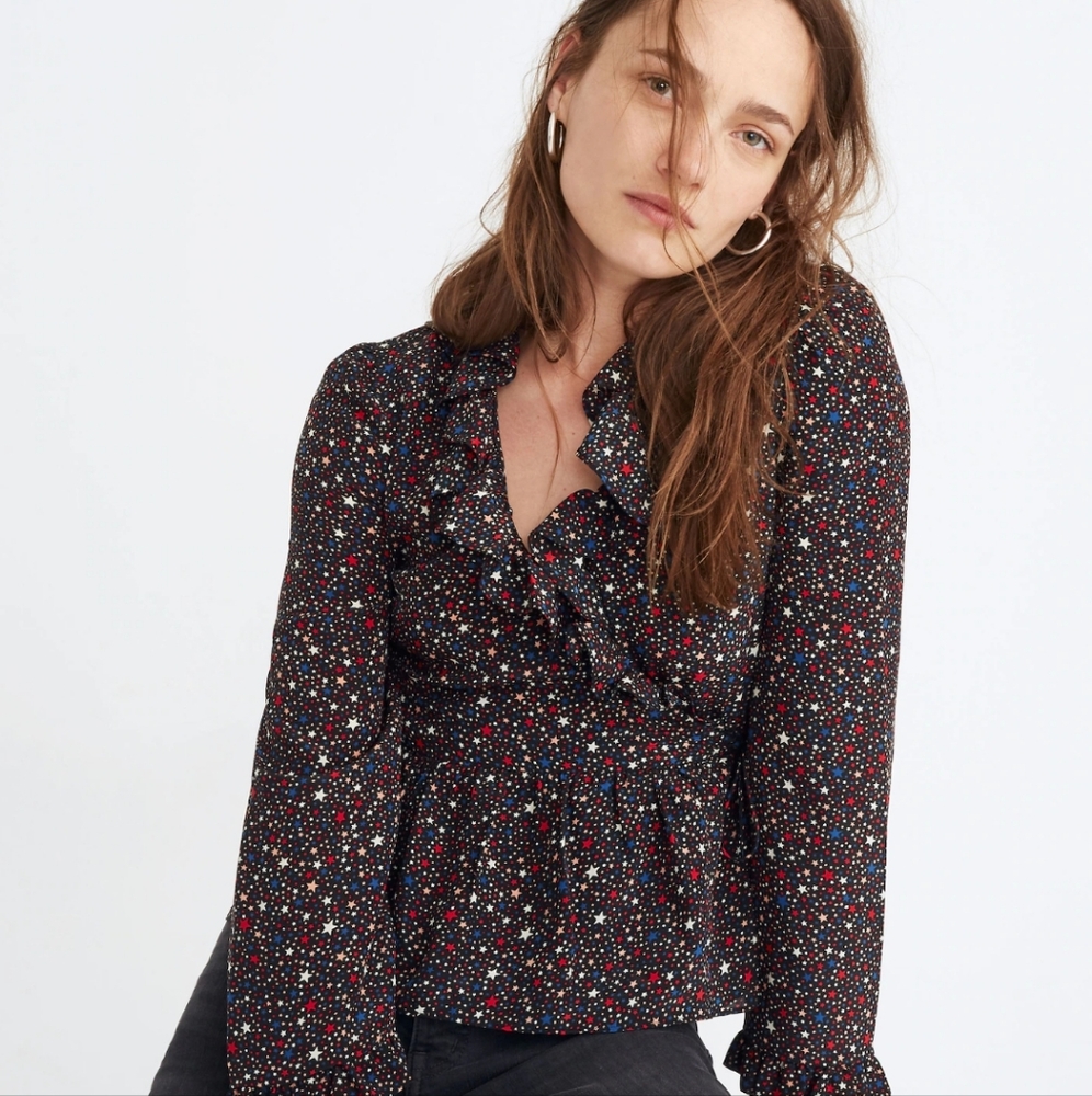Madewell 100% Silk Ruffle Wrap Top Star Print Navy Blue Celestial Blouse Size S